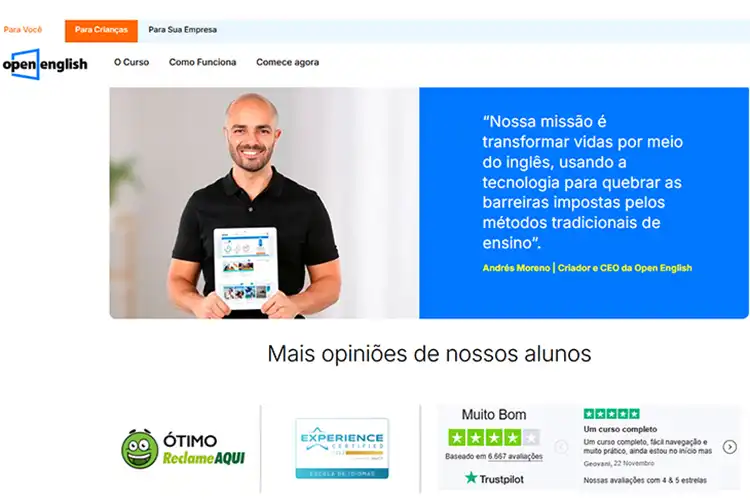 Site da escola de inglês Open English