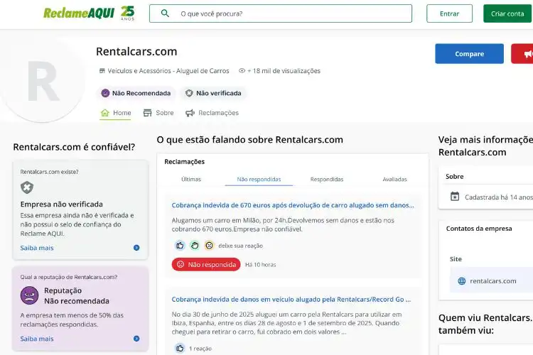Print do site Rentalcars no Reclame Aqui