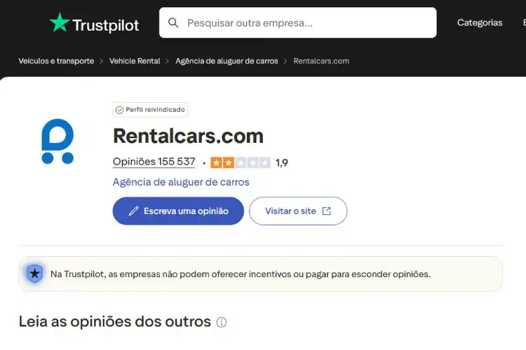 Print da Rentalcars no trustpilot
