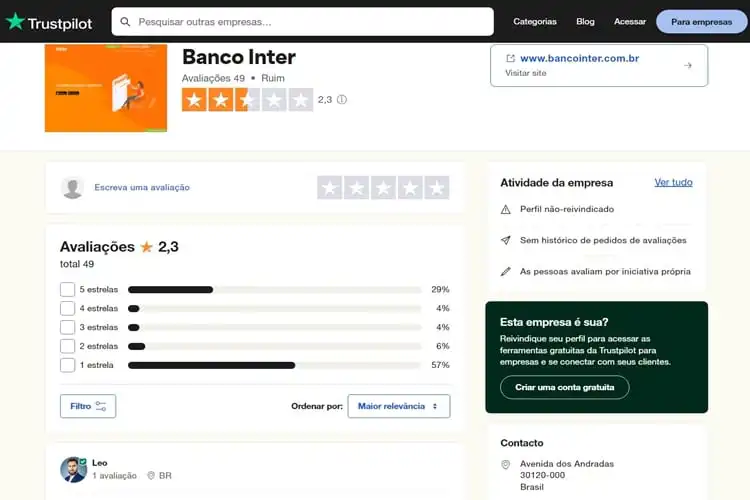 Banco Inter no TrustPilot