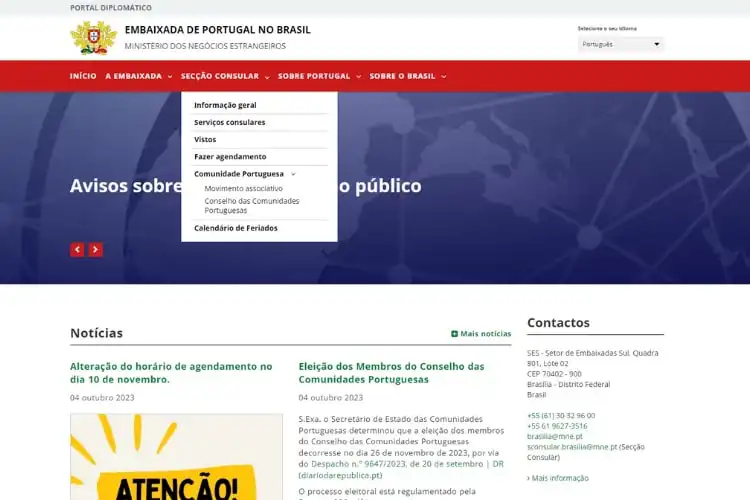 Captura de tela do site da Embaixada de Portugal no Brasil, para fazer pedido de passaporte português