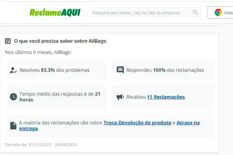 Print do site Reclame Aqui no perfil da empresa All bags, em maio de 2024