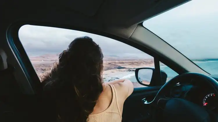 Mulher admirando paisagem de dentro do carro.