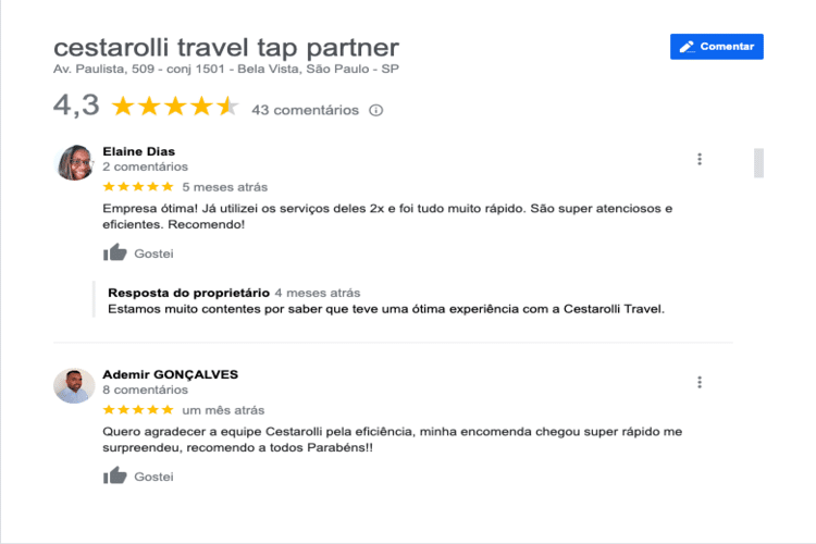 Cestarolli Travel noas avaliações do Google