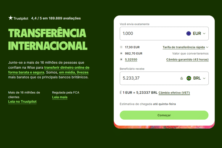 Calculadora de envio de dinheiro da Espanha para o Brasil da Wise