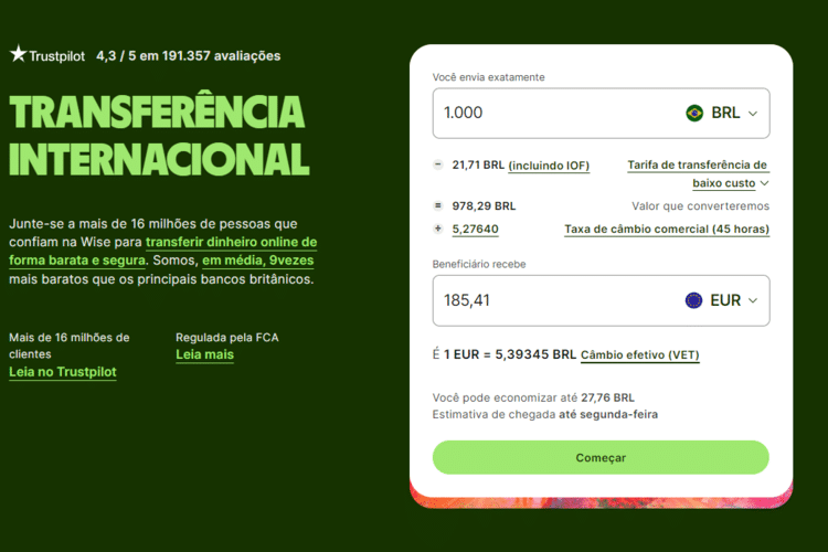 Captura da calculadora do Wise para enviar dinheiro do Brasil para a Espanha.