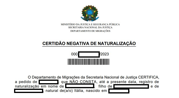 certidão negativa de naturalização de cidadão italiano