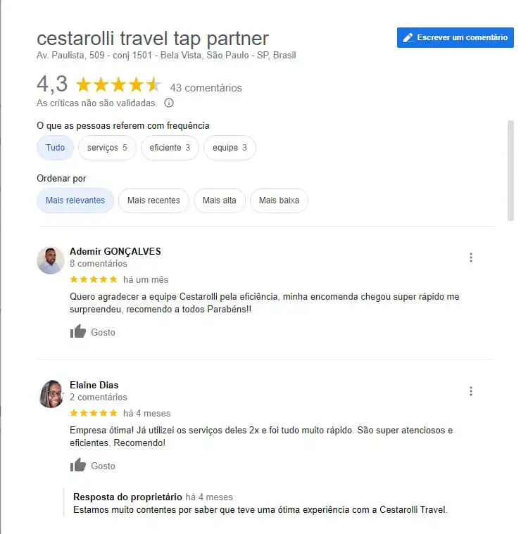 Opinião de clientes sobre a Cestarolli Travel