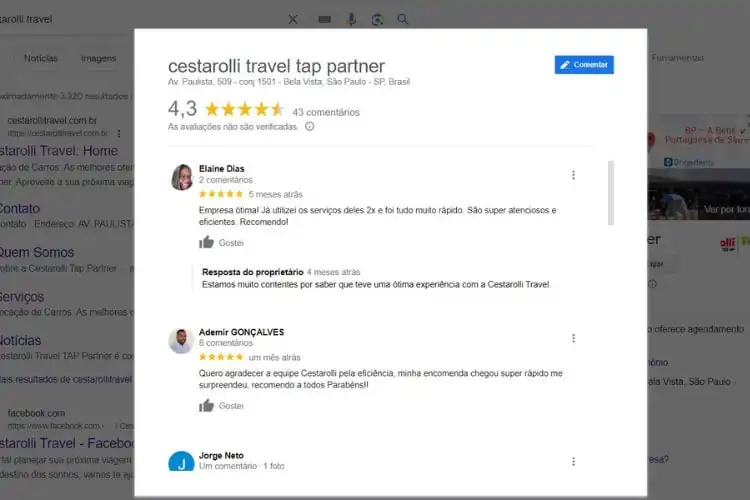 Comentários dos clientes da Cestarolli Travel no Google