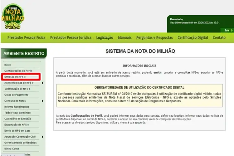 Cadastro site emissão de nf prefeitura de São Paulo