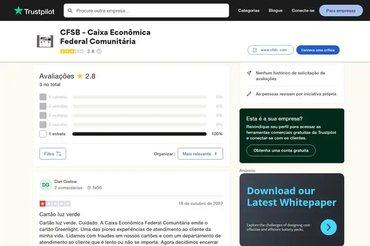 Página do Community Federal Savings Bank Trustpilot no Trustpilot