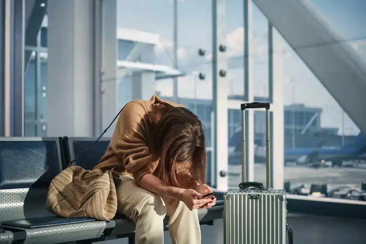 Mulher em aeroporto, esperando provavelmente por causa de voo cancelado