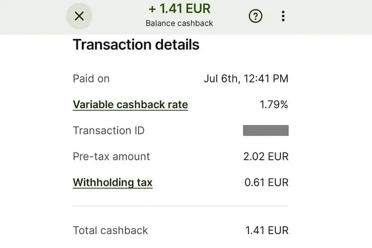 Tela do aplicativo da Wise, mostrando detalhes do cashback recebido