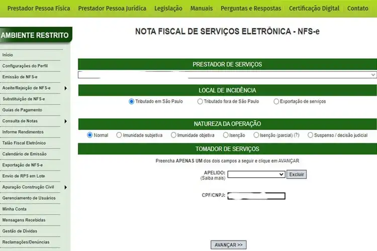 Emissão de NF CNPJ prefeitura de São Paulo