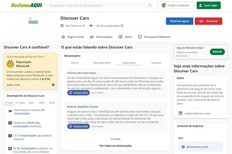 Avaliação da Discovercars, melhor site para alugar carro, no Reclame Aqui