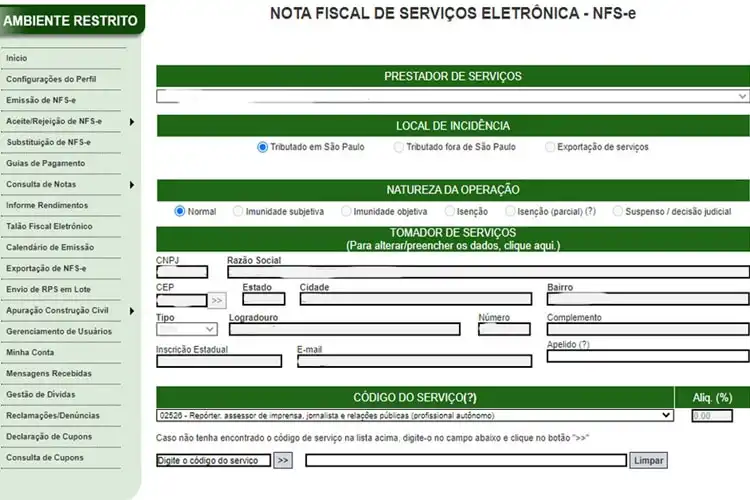 Emissão de NF prefeitura de São Paulo serviço