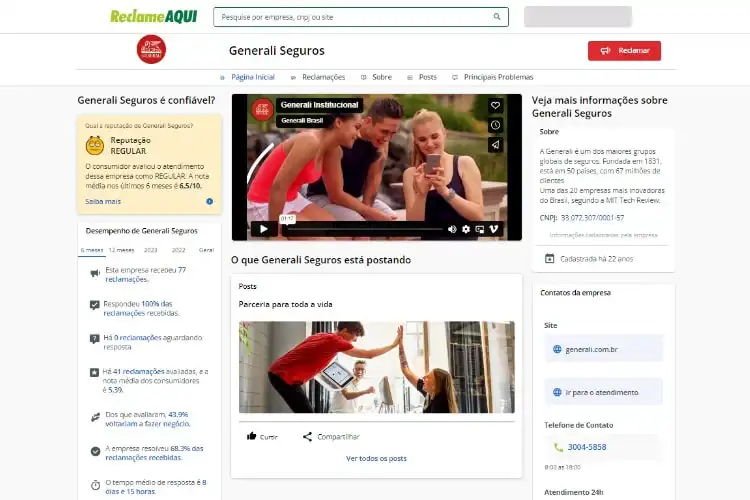 Página da Generali Seguros no Reclame Aqui