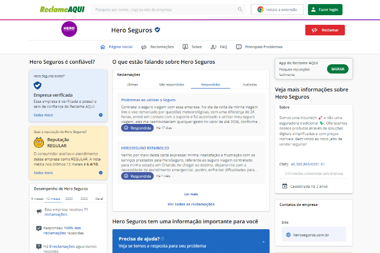 Avaliação da Hero Seguro Viagem no Reclame Aqui