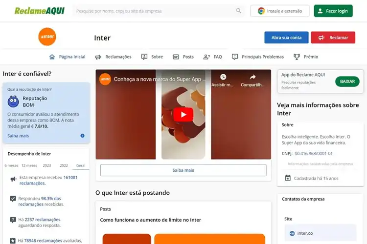 Página do Inter no Reclame Aqui