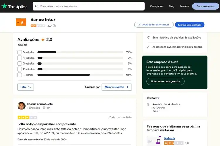 Banco Inter no Trustpilot