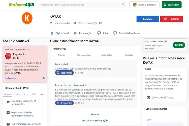 Avaliação do Kayak no Reclame Aqui