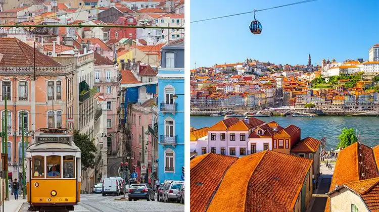 Imagem comparativa de Lisboa à esquerda e Porto à direita