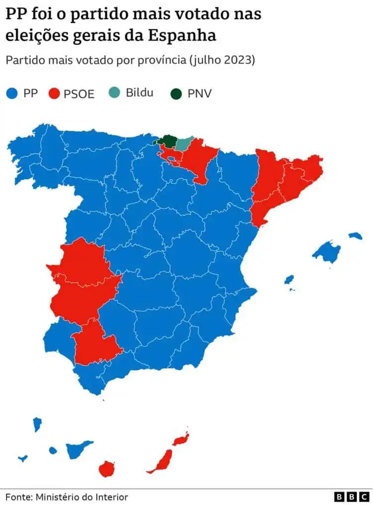 Mapa das eleições 2023 na Espanha