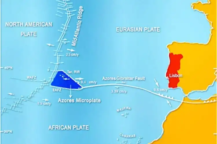 Mapa mostra a Fratura Açores-Gilbraltar que pode ocasionar um terremoto em Portugal