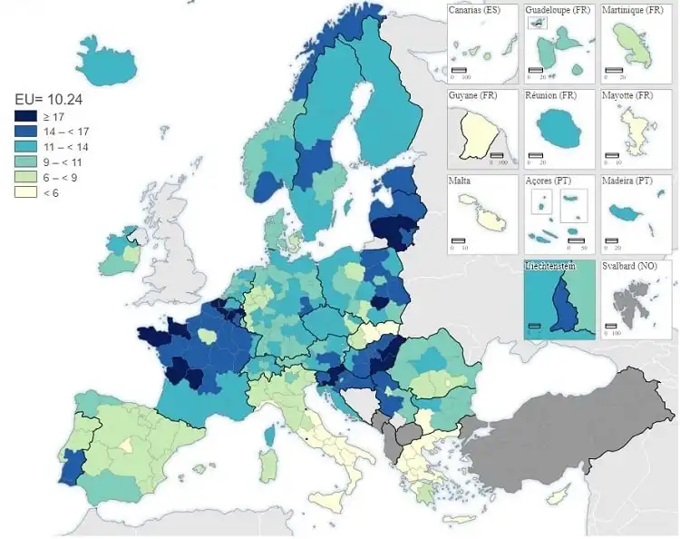 Mapa dos dados de suicídio na Europa