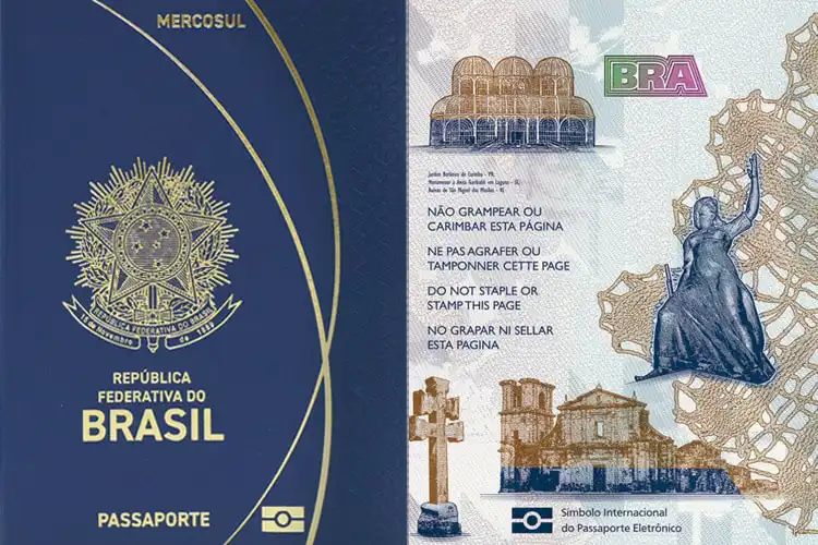 Montagem com capa do novo passaporte e página interna