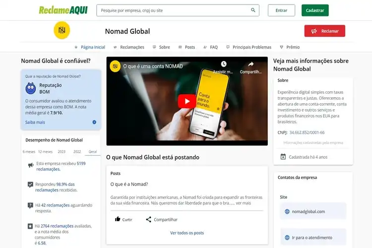 Perfil da Nomad Global no Reclame Aqui