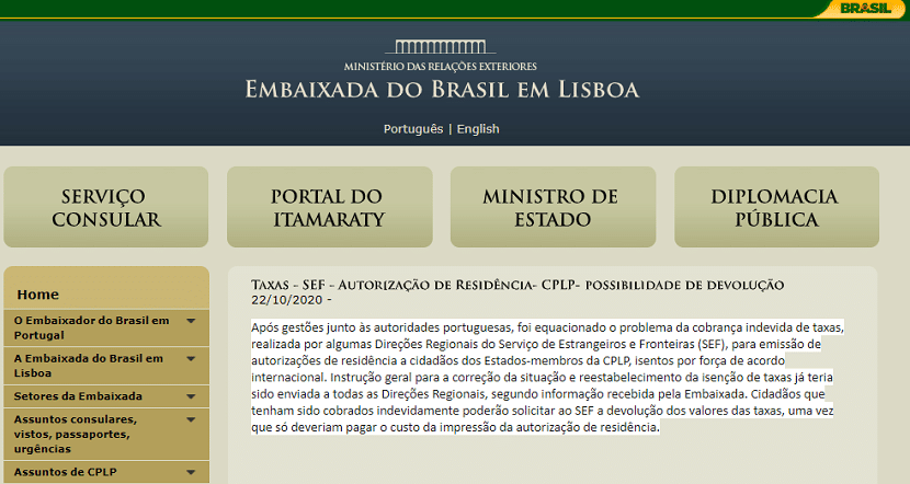 nota Embaixada do Brasil SEF