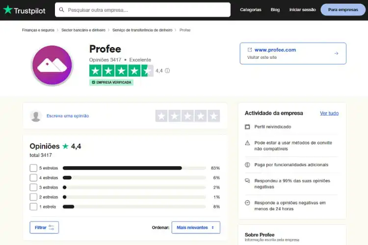 Avaliação da Profee no Trustpilot