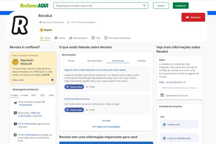 Avaliação no Reclame Aqui da Revolut