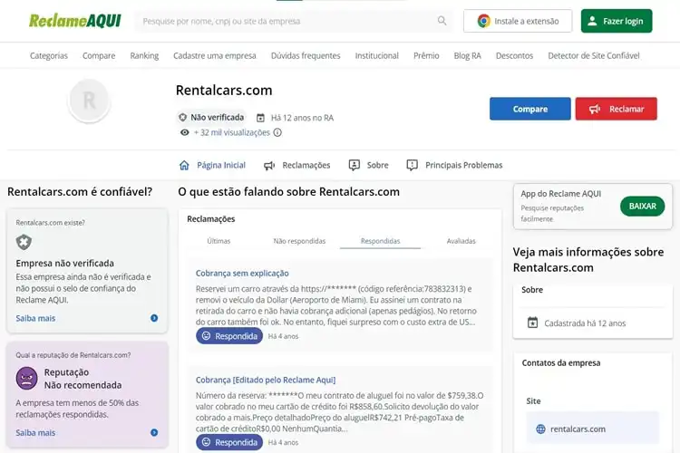 Avaliação da Rentalcars no Reclame Aqui