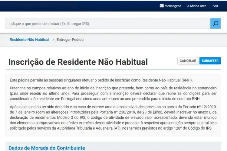 Inscrição nas Finanças para Residente não habitual em Portugal