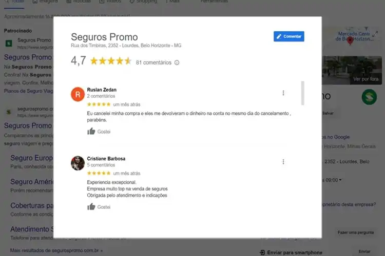 Excelente reputação do Seguros Promo no Google.