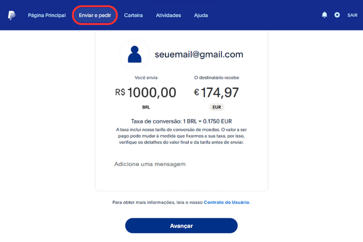 Captura de tela com passo a passo de como enviar dinheiro pelo PayPal