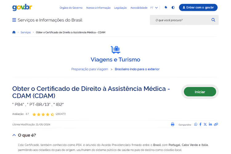 Página inicial do site para solicitar PB4.