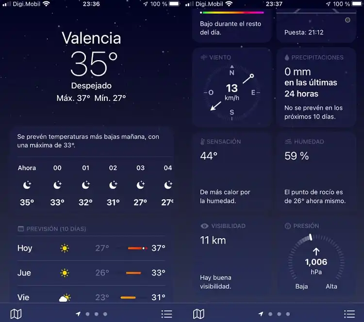 Temperatura em Valência à noite