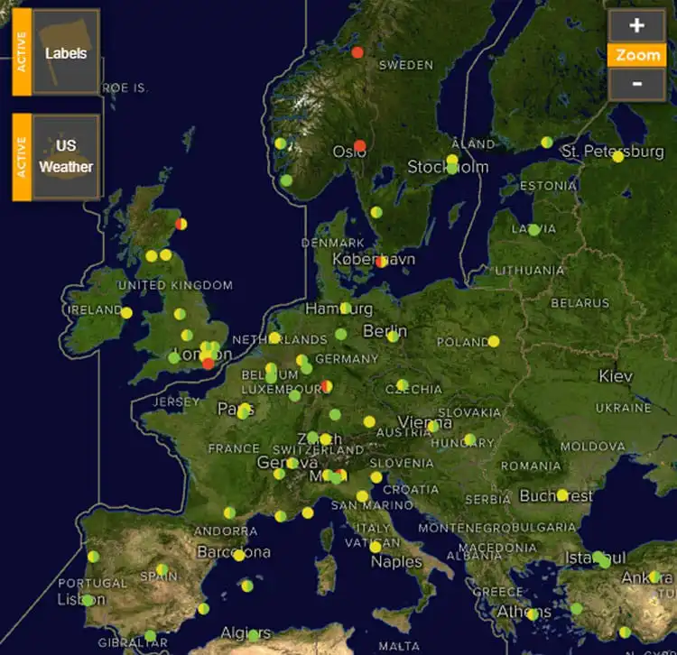 Mapa de voos atrasados na Europa
