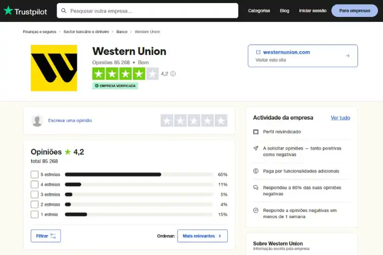 Avaliação do Western Union no Trustpilot