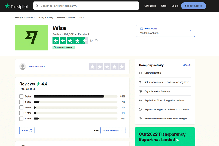 Site Trustpilot, onde é possível ver a avaliação da Wise