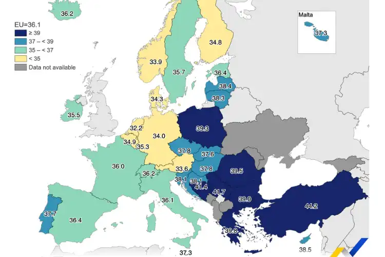 Mapa apresenta as horas trabalhadas por país europeu