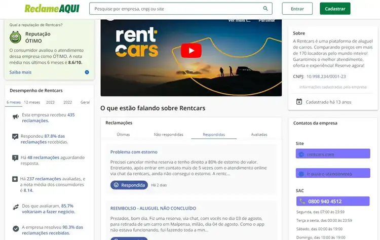 Avaliações da Rentcars em agosto de 2024