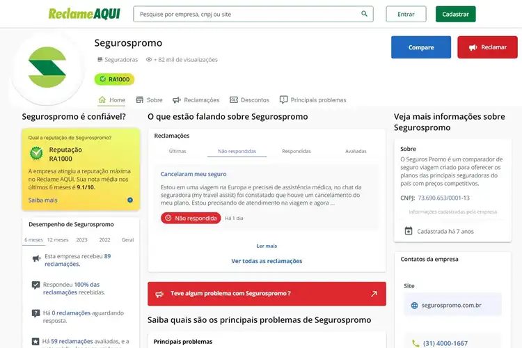 Tela do Seguros Promo no Reclame Aqui