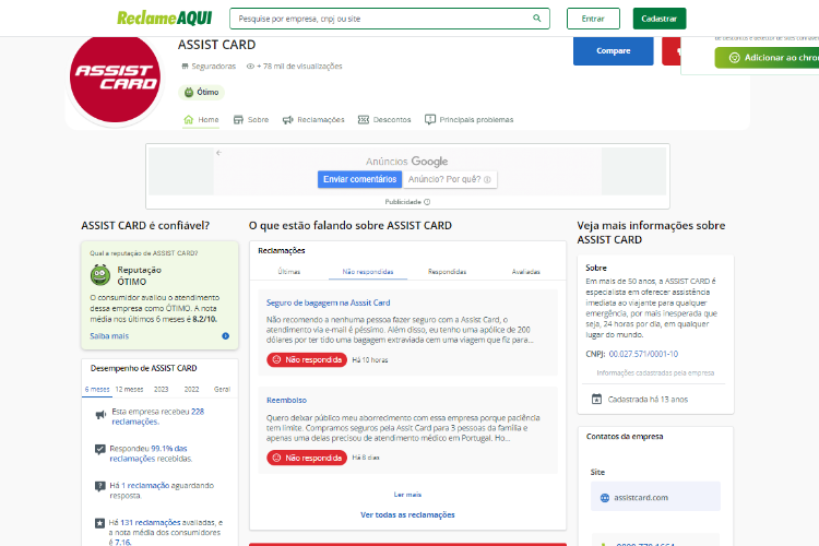 Avaliação do Assist Card seguro viagem no Reclame Aqui
