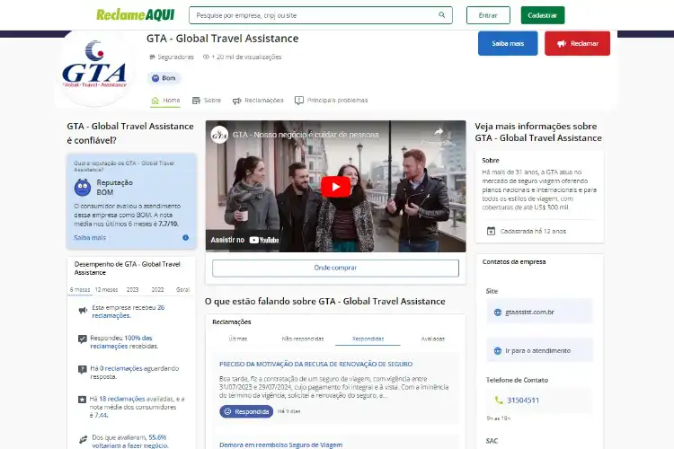 Avaliação da GTA Seguro Viagem no Reclame Aqui