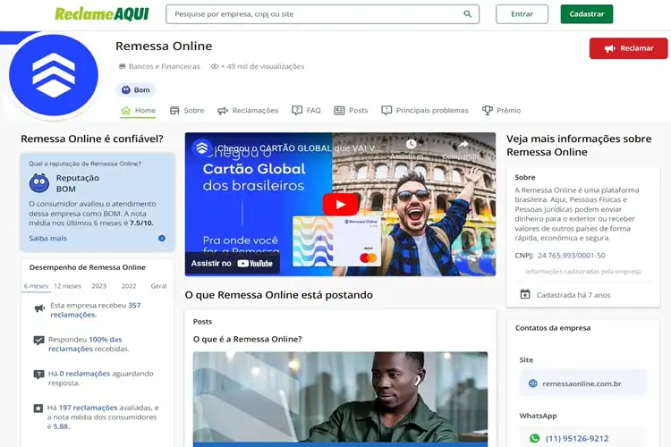 Avaliação da Remessa Online no Reclame Aqui