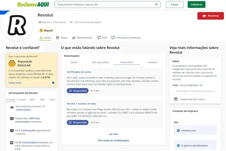 Avaliação Revolut no Reclame Aqui